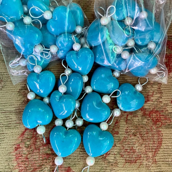 Blue Glazed Ceramic Porcelain Hearts & Pearl Beads W Metal Links (lot 10 links) - Picture 10 of 11